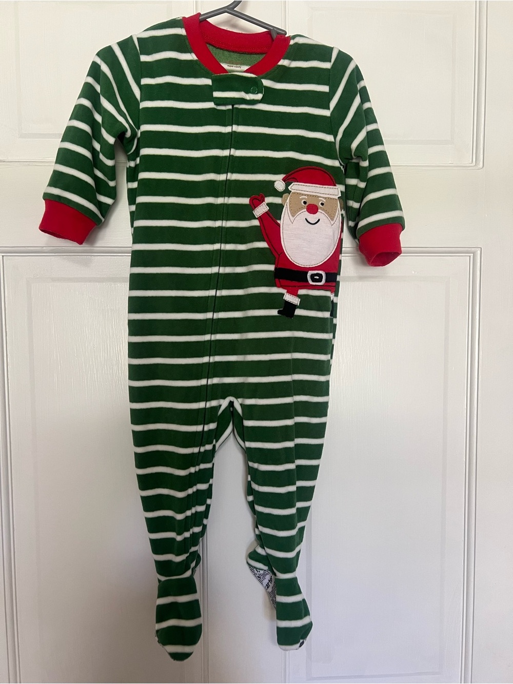 Carter's Green and White Striped Santa Footed One-Piece with Red Trim